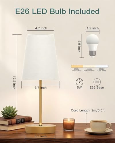 Addtam Bedroom Table Lamp, Bedside Lamp with AC Outlet and USB C Charging Ports(PD 20W), 3-Way Dimmable Lamp with Switch, Lamps with Shade for Night Stands, Living Room, Desk, and Home Office, 6.5Ft