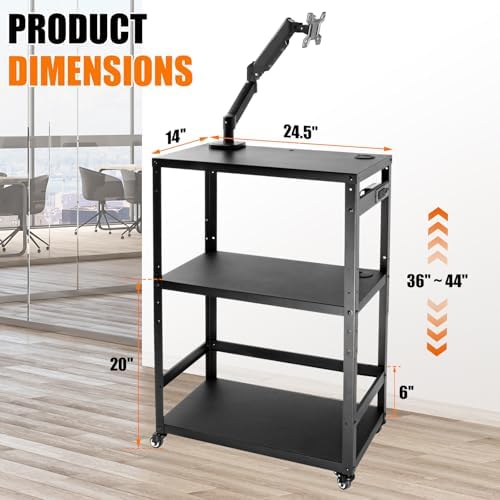 AV Cart with Monitor Mount, Height Adjustable Media Cart with Wheels and Power Strip, Rolling Workstation for Office, Classroom & Warehouse, Steel Presentation Stand for Projector, Laptop & Printer