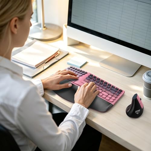 MOFII Wireless Ergonomic Keyboard and Mouse Combo, Split Curved Keyboard with Wrist Rest, Vertical Mouse, 2.4G, for PC Laptop Desktop Mac- Pink Gradient Colorful