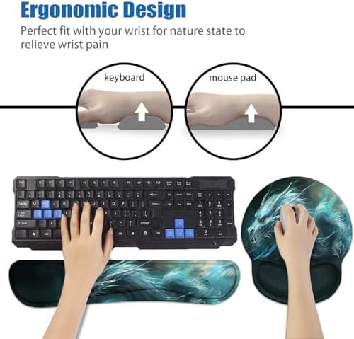 Keyboard Wrist Rest and Mouse Pad Wrist Support Set with Coasters, Ergonomic Gaming Mousepad Non-Slip PU Base for Home Office Working Studying Easy Typing & Pain Relief - Dragon