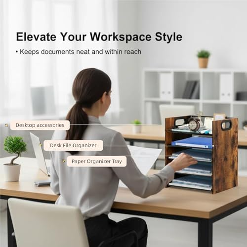 Desk Organizer - 5-Tier Desktop File Organizer, Wooden Paper Tray Organizer, Office Desk Organzier and Accessories for Papers, Mail, Notebooks, Stationery