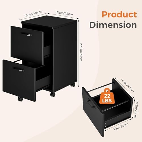 2 Drawer Filing Cabinet, Wood Rolling Filing Cabinets with Printer Stand, Under Desk Storage Lockable Wheels, Home Office Organizer for A4 Letter Legal Size Documents,Black