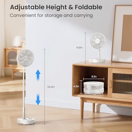 TriPole Portable Standing Fan, 8000mAh Rechargeable Oscillating Fan with Remote, 8.1'' Quiet Pedestal Floor Fan with LED Display & Timer, Foldable Small Desk Fans for Bedroom, Office, Camping, Travel