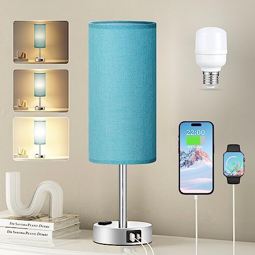 Fenmzee Light Beige Bedside Table Lamp, Dimmable Touch, USB A+C, AC Outlet