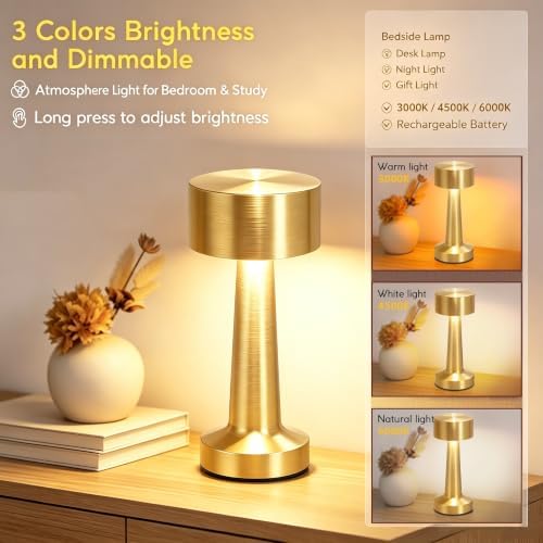 HPUFKOT Portable LED Table Lamp, 3-Levels Brightness Metal Desk Lamp,3 Color Touch Control RechargeableLamp, Ideal Bedside Lamp for Nightstand, Bedroom,Living Room (Light Golden)