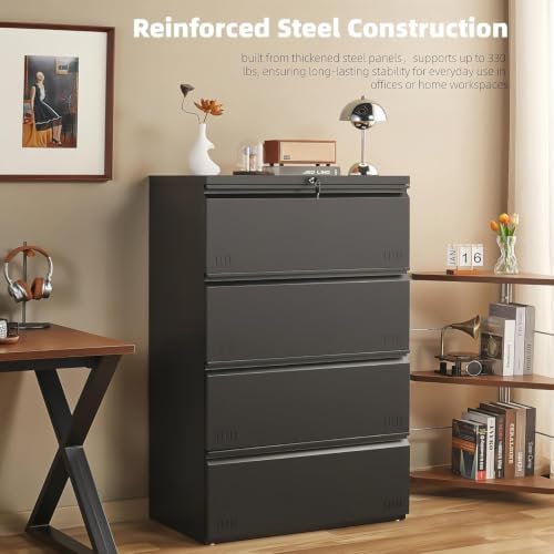 Guizeeopo Metal File Cabinet with Lock, 4 Drawer Lateral File Cabinets for Home Office, Heavy Duty Office Storage Cabinet for A4/Letter/Legal Size, Assembly Required(Black)