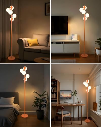 64IN Dimmable Orange Floor Lamp, Tall Standing Lamps with 5 Globe Soft Warm White Eye Care 3000K G9 Bulbs, Mid Century Modern Floor Lamp with 5Lbs Heavy Base for Living Room Bedroom Office
