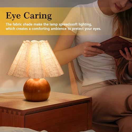 Wood Grain Touch Control Table Lamp for Bedroom,Farmhouse Cute Small Table Lamp for Bedroom Nightstand, Mini Vintage Bedside Lamps with Scalloped Shade for Small Spaces, Kitchen Counter, Bookshelf
