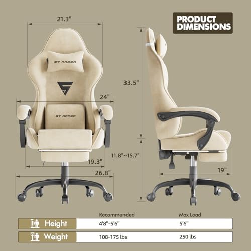 Soontrans Beige Velvet Gaming Chair with Footrest, Ergonomic Reclining Computer Desk Chair, Massage Lumbar Cushion & Headrest, Comfortable Video Game Chair for Adults
