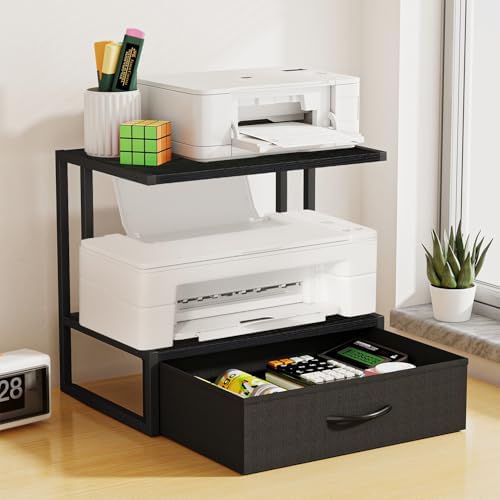 Printer Stand with Storage for Desk, with Fabric Drawer Desktop Printer Stand Shelf Organzier for Home Office, for Above and Under Desk Printer Table, Fax Machine Copier Scanner, Black