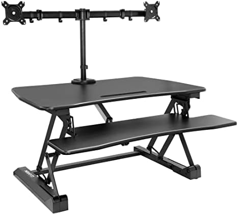 Mount-It! Electric Standing Desk Converter with Dual Monitor Arms for 2 Screens (Max 32"), Large 35.4" Wide Desktop, Motorized Stand Up Desk Riser, Keyboard Tray, USB, Black Stand up Desk Convertor