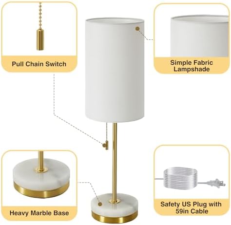 Desk Lamp & Table Lamp Set of 2, Bedside Lamps for Night Stands - Modern Small Table Lamps with Marble Base, Fabric Shade, Mini Pull Chain Bedroom Lamps for Living Room, Office, Reading (Gold)
