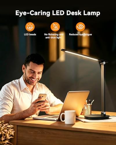 LED Desk Lamp with USB Charging Port, Touch Control, 6 Brightness Levels 6 Color Temperatures, Eye-Caring Desk Light with 1-Hour Timer, Adjustable Foldable Lamp for Home Office, Bedroom, Study