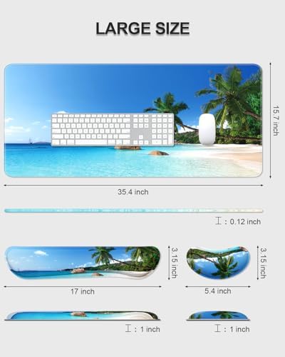 Auhoahsil Large Mouse Pad with Wrist Rests for Keyboard & Mouse, Thick Soft Ergonomic Memory Foam Wrist Supports, Big & Long Desk Mat 35.5 x 15.7 in, for Office Gaming Computer, Beach and Trees