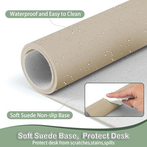 Boutilon Leather Desk Pad Protector,Non-Slip Mouse Pad,Laptop Desk Pad,Office Mouse Mat,Waterproof Leather Desk Blotter,Desk Writing Pad for Office and Home (XXL-Beige,47.2"x 17")