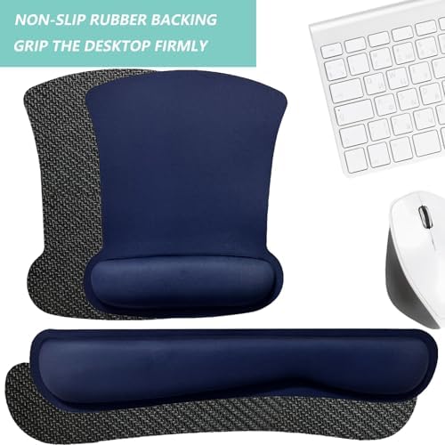 Keyboard Wrist Rest Pad Mouse Pad with Wrist Support Set of 3, Gaming Mousepad with Non-Slip Rubber Base, Ergonomic Memory Foam Mouse Cushion Support for Home Office Laptop Computer, Navy Blue