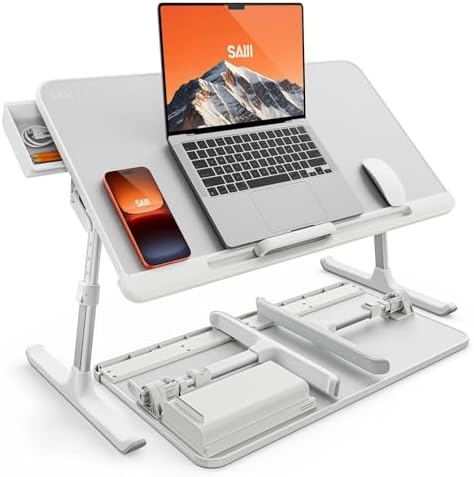SAIJI Laptop Bed Tray Table, Adjustable PVC Leather Laptop Bed Table, Portable Standing Desk with Storage Drawer, Foldable Lap Tablet Table for Sofa Couch Floor (Large,White)