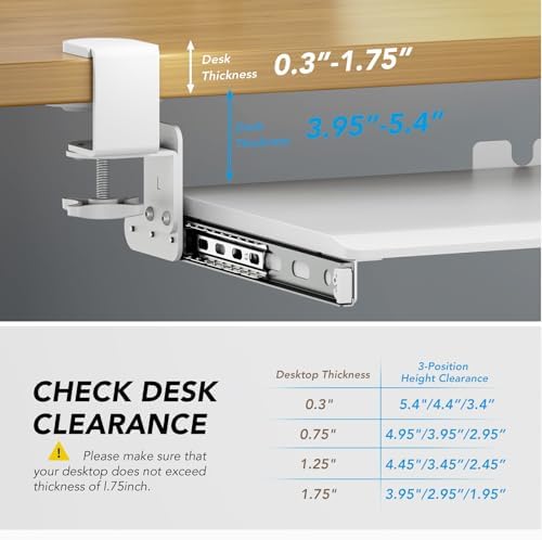 AX WABER Keyboard Tray Under Desk Pull Out with Extra Sturdy C Clamp Mount System, 27.3 (32.5 inch Including Clamps) x 11 Inch Slide-Out Platform Computer Drawer for Typing White AX01WW01