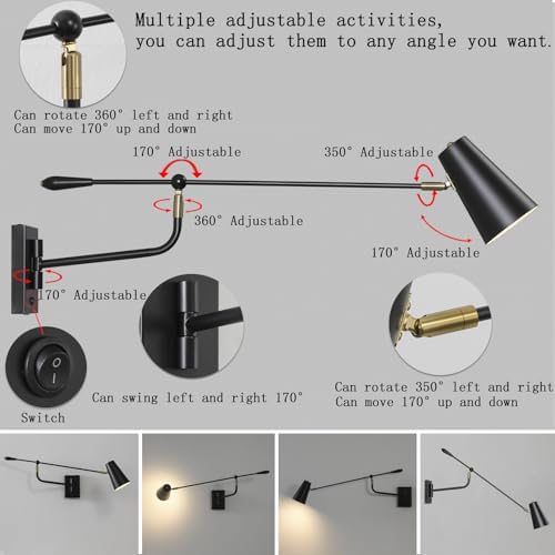 33" Large Black Rotatable Movable Long Pole Swing Arm Wall Sconce