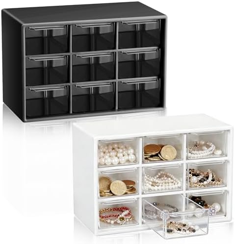 Wenqik 2 Pcs Mini Storage Drawers with 9 Clear Drawers, Black, White