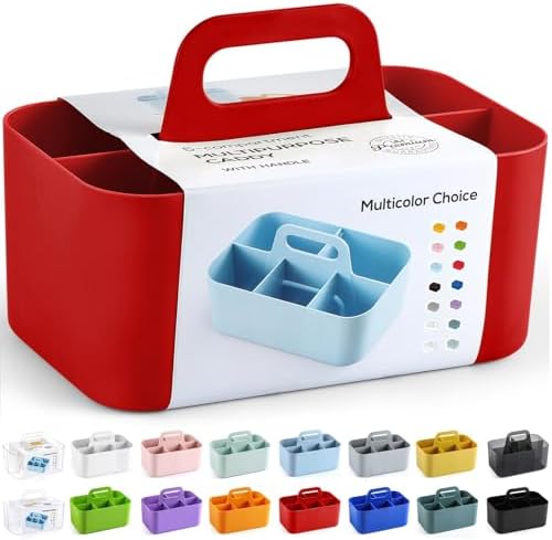 Multiuse Caddy Organizer with Handle, Portable Divided Plastic Tote Bin - Art Craft, Stationary Pen Marker Crayons, Makeup Hair Supplies Storage - Bathroom, Classroom, Dorm, Office, Desk Holder - Red