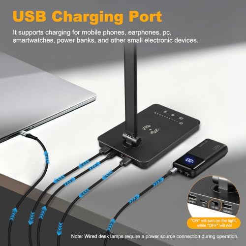 LED Desk Lamp, USB Charging Port Touch Control for Home Office 5 Color Modes with Timer,Adjustable Arm,Wireless Charging, 10 Dimmable Eye-Caring Table Light with Data Cable for Work Study