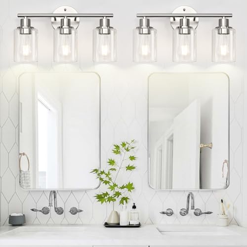 Zarbitta 3-Light Bathroom Light Fixtures, Brushed Nickel Vanity Light, Farmhouse Wall Lights with Clear Glass Shade, Bathroom Wall Lamp for Mirror Kitchen Bedroom Hallway Living Room Hallway Cabinet
