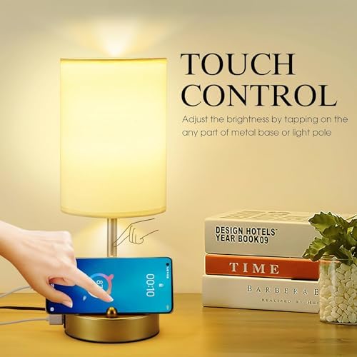 Briever Touch Control Table Lamp for Bedroom, 3-Way Dimmable Nightstand Lamp with USB Charging Ports, Bedside Desk Lamp with Gold Phone Stand & Round Linen Fabric Shade, Bulb Included