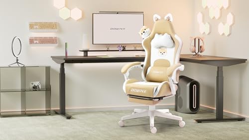Dowinx Gaming Chair with Cat Ears and Massage Lumbar Support, Ergonomic Computer Chair with Footrest and Headrest, Comfortable Reclining Game Chair 290lbs for Adults, Brown