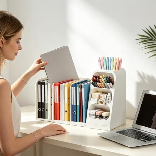 Multifunctional & Retractable Office Desk Organizer and Bookshelf, Small Space Desk Organizer with Magazine File Holder and Pen Holder,Desk Accessories & Workspace Organizers Office Supplies