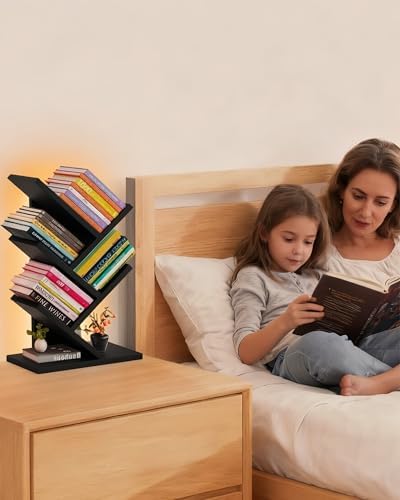 Small Bookshelf with Liting,5-Tier Wood Black Bookshelf,Desktop BookShelf
