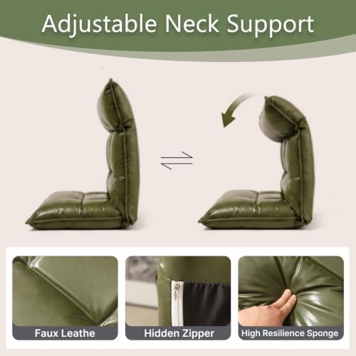 Floor Chair with Back Support, 42-Position Adjustable Gaming Chair for Adults, Faux Leather Floor Lounger, Reading Chairs with Neck Support, Foldable Floor Seat for Sleeping (Green Black)