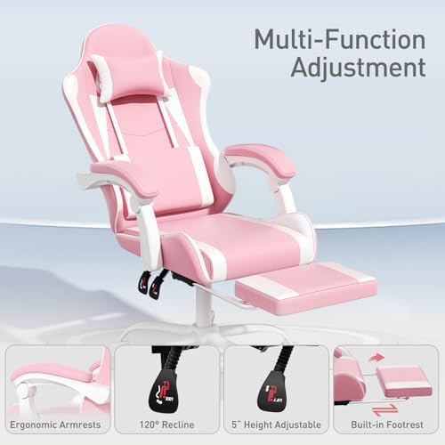 MoNiBloom Gaming Chair, Footrest & Lumbar Support, Height Adjust, Pink