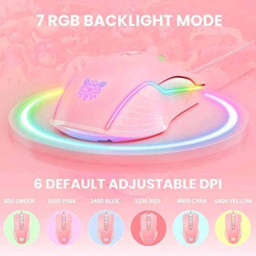 RGB Gaming Mouse Wired, 6400 DPI & 7 Buttons, Pink