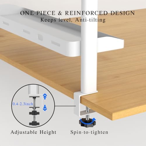 Clamp on Desk Shelf White, 24in 2-Tier Office Desk Shelves Organizer, Shelf for Top of Desk with Headphone Holder and Hooks, Desktop Storage Rack for Home Workspace, Study Rooms, Gaming Accessories