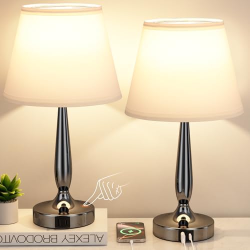 Kakanuo Touch Bedside Lamps for Bedroom Set, Small Touch Table Lamps with 2 USB Charging Ports, 3 Way Dimmable Nightstand Lamps with USB C Port - White (LED Bulb Included)