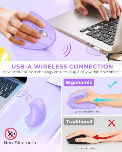 Lekvey Ergonomic Mouse, Rechargeable Wireless Vertical Mouse, Light Purple