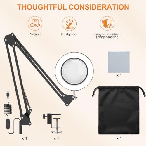 10X Magnifying Glass Lamp w/Clamp, 360° Shadow-Free Light for Close Work
