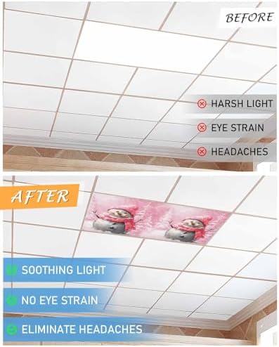 Pink Snowman Magnetic Fluorescent Light Covers for Ceiling Lights 2 x 4 Feet,Christmas Tree Forest Vintage Painting Office Classroom Kitchen Drop Ceiling Light Covers Filters Shade Panel 2 Packs