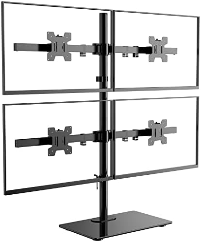 WALI Freestanding Quad Monitor Mount for 17-27 Inch Screens, Fully Adjustable 4 Monitor Stand with Swivel, Tilt, Rotation, Glass Base, Max Load 22 lbs per Arm (GMF004), Black