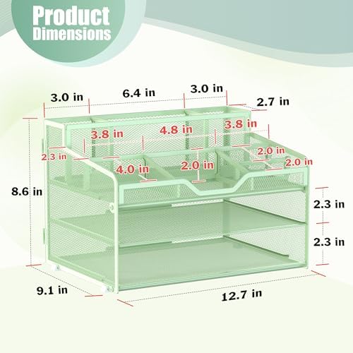 Docnest 3 Tier Mesh Desk Organizer with Letter Tray & Paper Sorter, Green