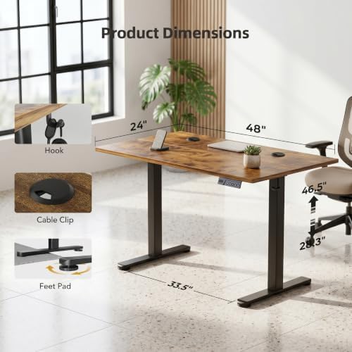 Claiks Electric Standing Desk 48x24 Inch Adjustable Desk, Rustic Brown