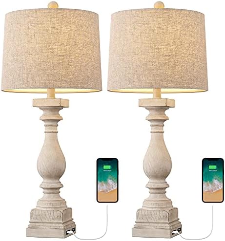 BOBOMOMO 27" Table Lamp with USB C+A Charging Ports Set of 2 Antique Nightstand Lamp for Bedroom Living Room Farmhouse Office Retro Rustic Resin Bedside Desk Lamps Washed White (Blubs not Included)
