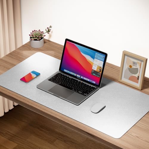 Boutilon Leather Desk Pad Protector,Non-Slip Mouse Pad,Laptop Desk Pad,Office Mouse Mat,Waterproof Leather Desk Blotter,Desk Writing Pad for Office and Home (L-Silver,35"x 17")