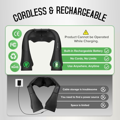 Cordless Shiatsu Neck and Shoulder Massager, Back Massager with Heat ,Massage Deeper Tissue 4D Kneading Massage for Shoulder, Neck and Back, Use at Home, Office, Car - Gifts for Fathers Day Dad Gift