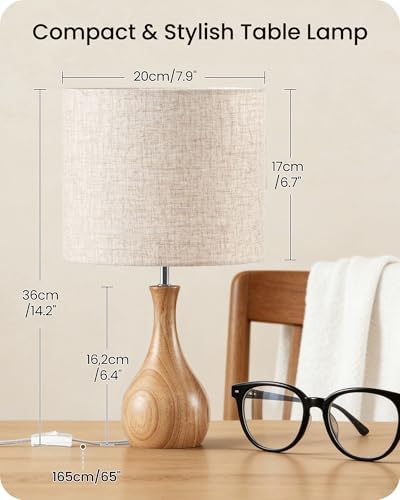 Small Table Lamp, Wood Desk Lamp with Beige Linen Lampshade & Natural Wood Bottle-Shaped Base, Modern Bedside Lamp with Cable, E26 Base, Bulb Not Included, for Bedroom, Kid's Room, ME09TL05