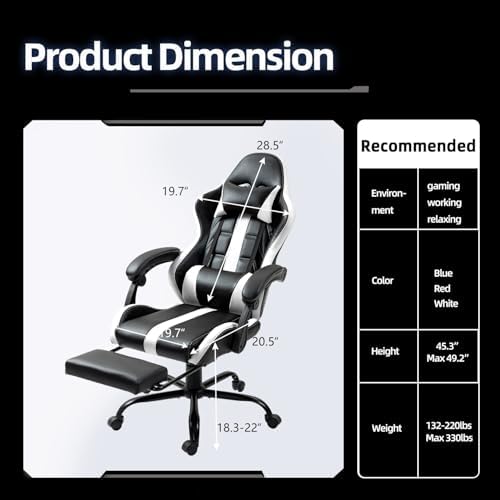 Gaming Chair with Ergonomic Footrest & Massage Lumbar Support, White