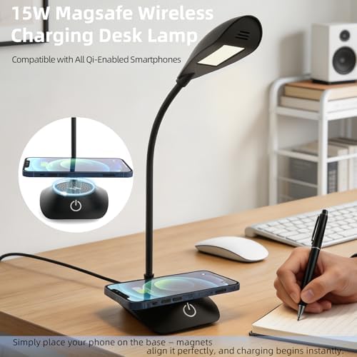 Desk Lamp with Wireless Charger College Dorm Home Office Bedside Black