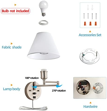Swing Arm Wall Sconces, Plug-in Wall lamp,Bedroom Wall lamp ， White Fabric Shade，，with dimmable Switch and USB Charging Port, Suitable for Bedside, Living Room, Reading (Nickel)