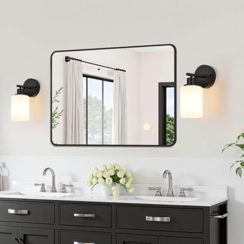 Set of 2 Wall Sconces for Bathroom,Black Modern Vanity Lights with Milky White Frosted Glass Shades,Bathroom Wall Lamp, for Bathroom, for Mirror, Living Room, Kitchen, Hallway, Cabinet, Porch